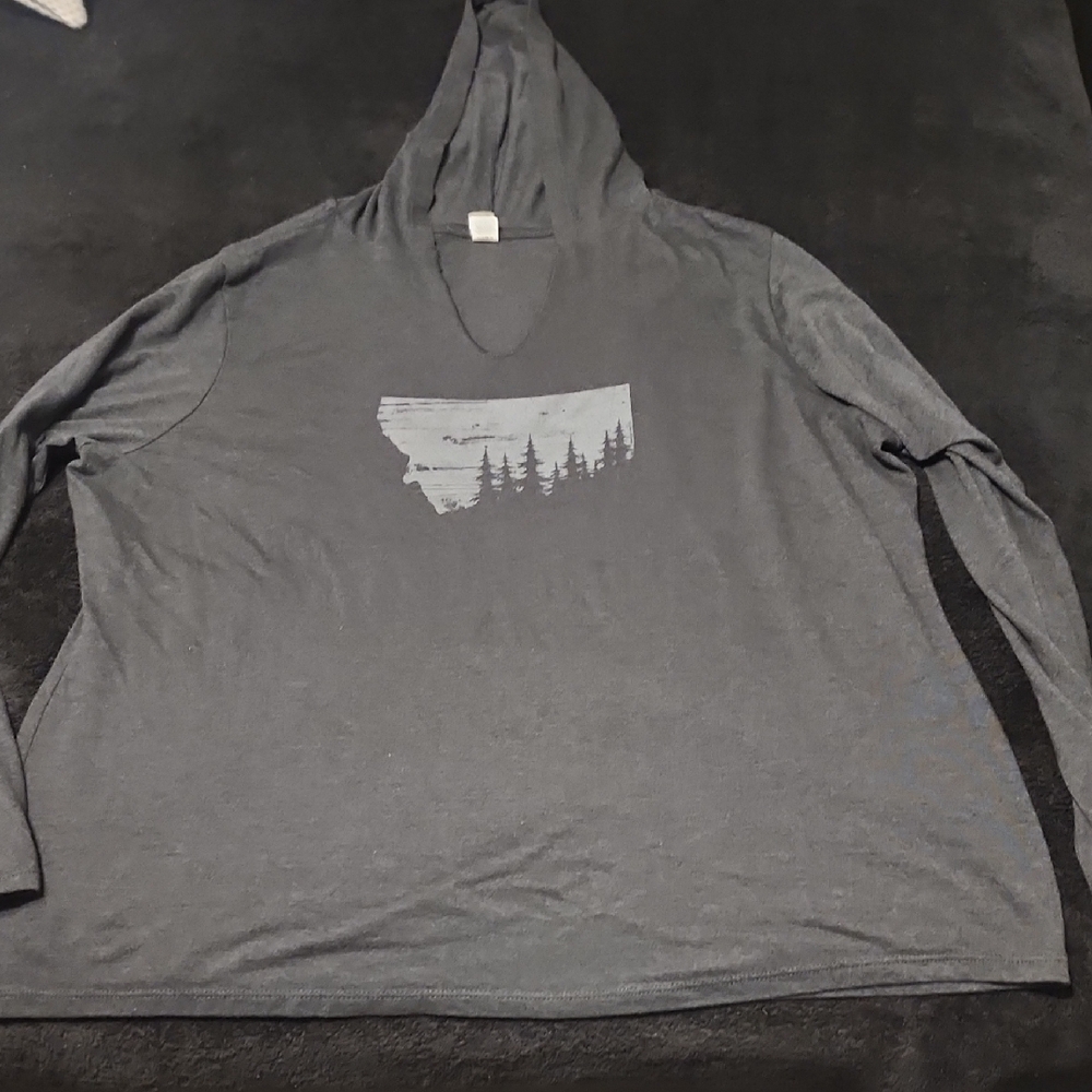 Gray Hooded Long Sleeve Shirt with Forest Graphic